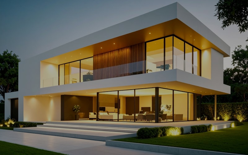 Modern home exterior with lighting at night